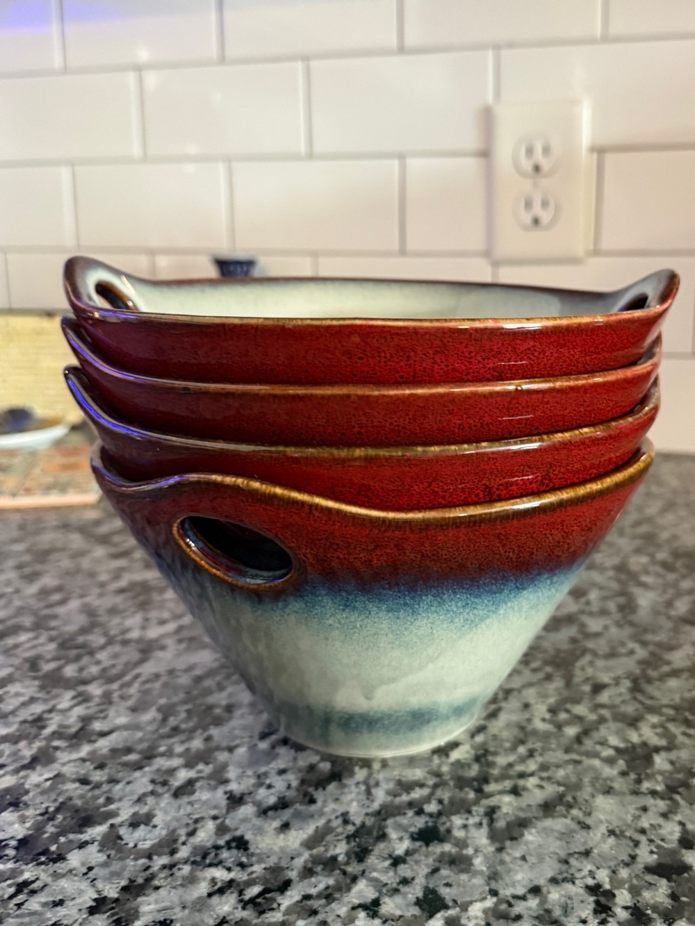 Stack of 4 Red to Blue Glazed Ramen Ceramic Bowls | Set of Ramen Bowls